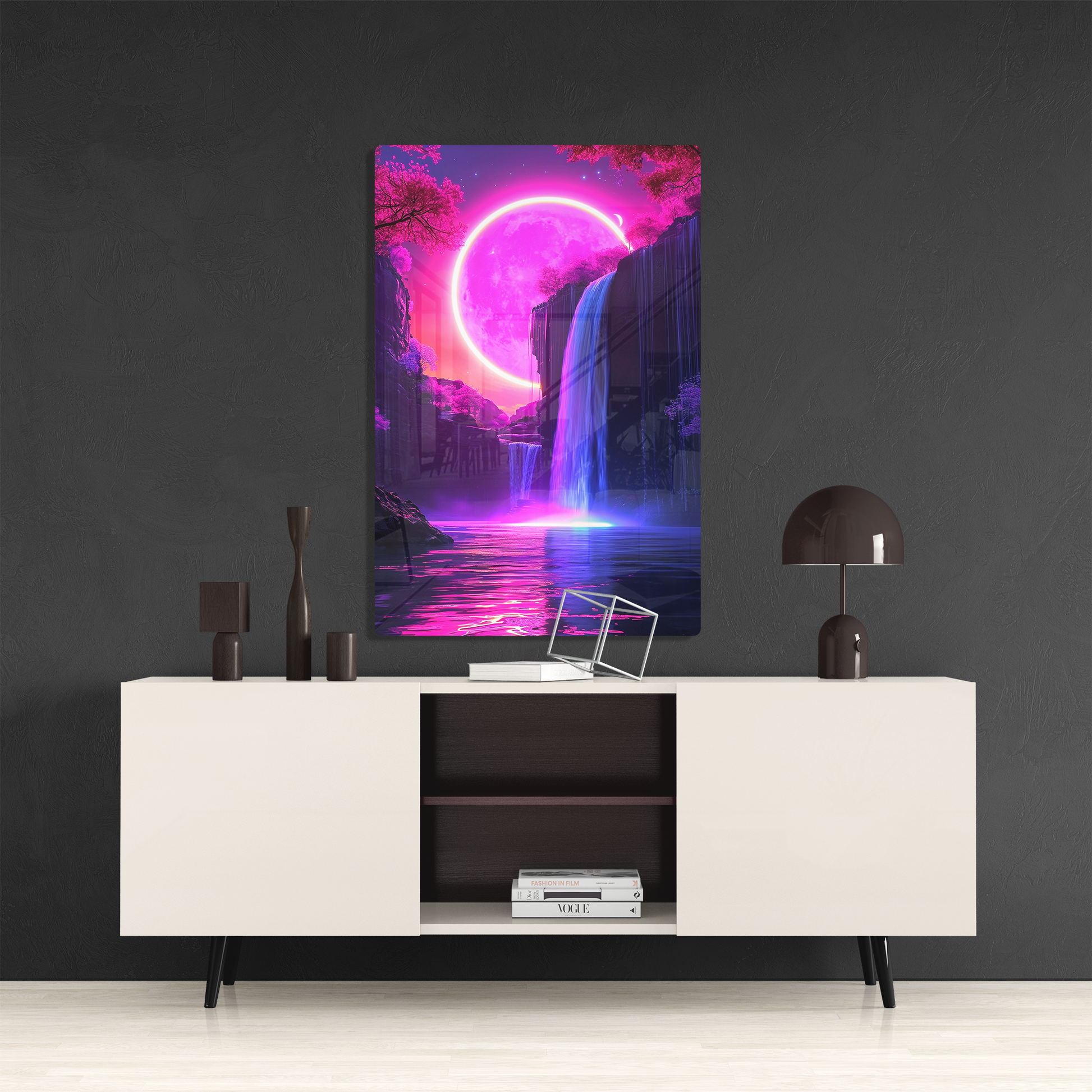 Magenta Moonfall (Acrylic)Make a statement with Magenta Moonfall acrylic prints. The 1⁄4" acrylic panel exudes the illusion of a smooth glass surface for vibrant artwork. Pre-installed hanginRimaGallery