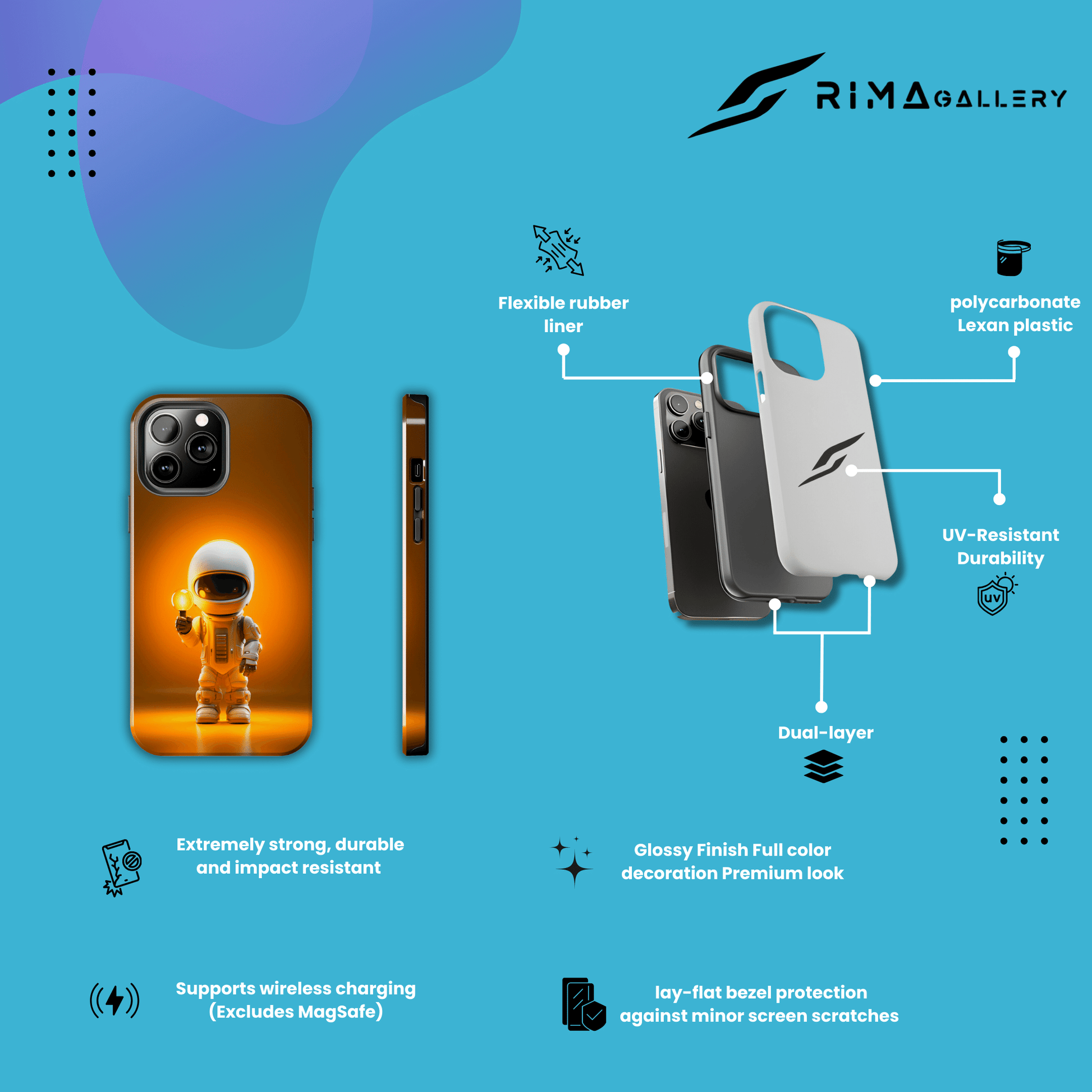 Yellow Tiny Astronaut (iPhone Case 11-15)RIMA Tough Phone Case for iPhone 11-15: Where Style Meets Durability. Featuring a sleek design with MagSafe compatibility, this case offers unmatched protection and RimaGallery