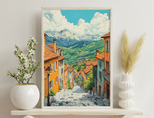 A picturesque village nestled in a valley, surrounded by towering snow-capped mountains and lush green hills. The quaint narrow street is lined with traditional buildings with terracotta-tiled roofs, creating a charming
