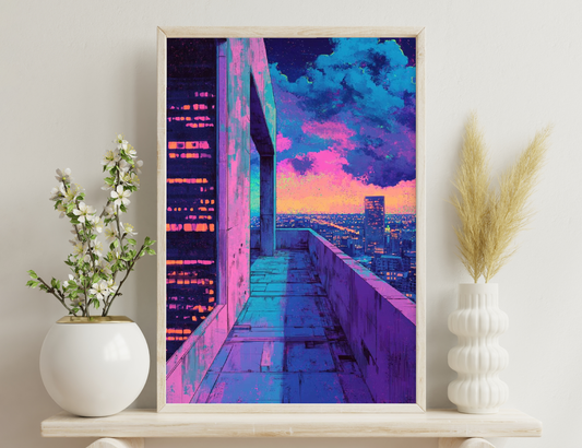 A vibrant, futuristic cityscape rendered in neon hues of pink, purple, and blue, showcasing towering skyscrapers against a colorful cloudy sky at dusk, with illuminated windows creating a mesmer
