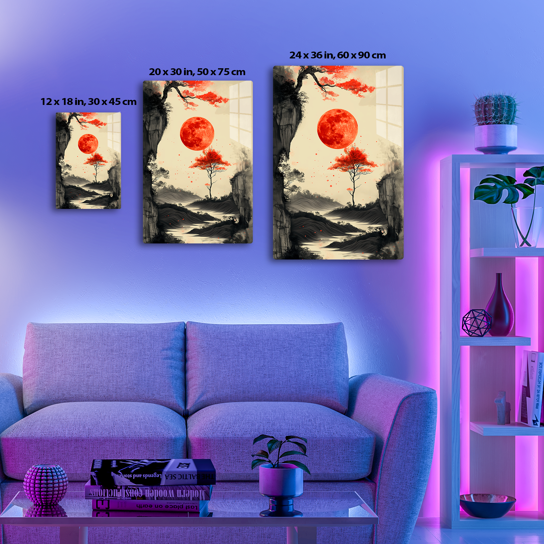 Scarlet Moonrise (Acrylic)Step into the universe with Ethereal landscape with a vivid red moon. Acrylic art from RimaGallery. Experience the cosmos in your home with vibrant, ethically crafteRimaGallery