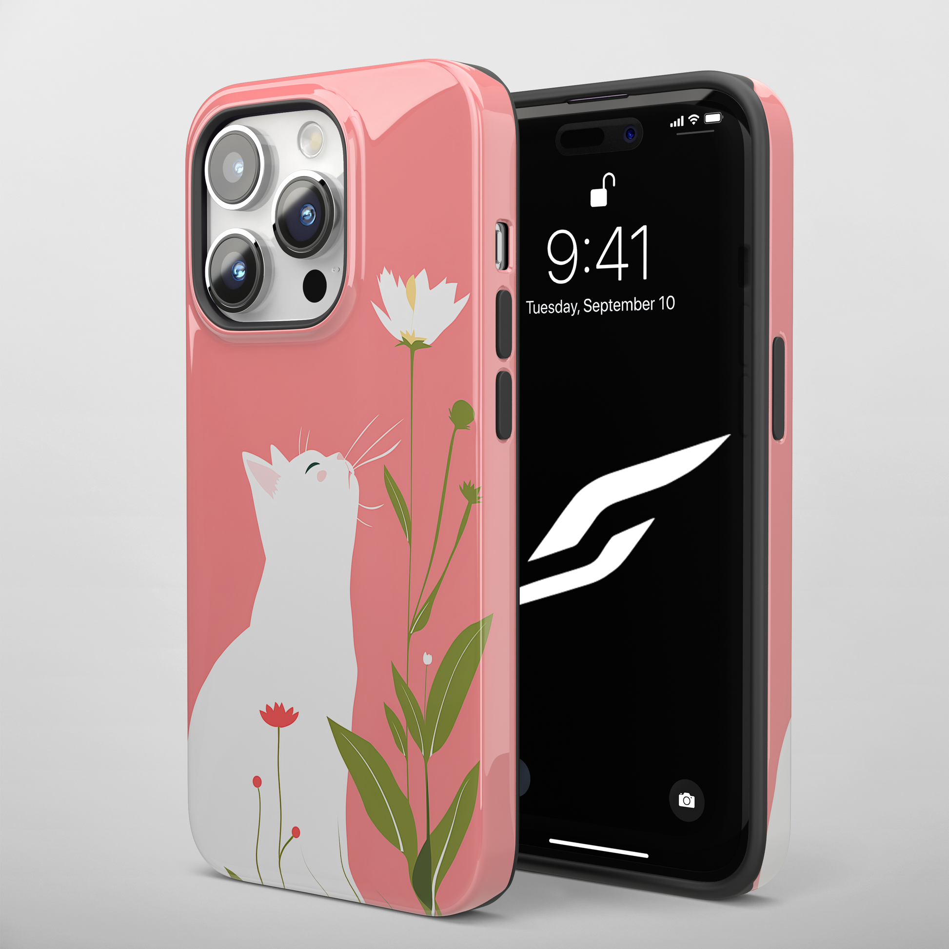 Blossom Gazer (iPhone MagSafe Case)Elevate your iPhone's protection and style with RimaGallery's A serene white cat admiring spring blossoms on a pastel pink on iphone MagSafe Case against a dark backRimaGallery