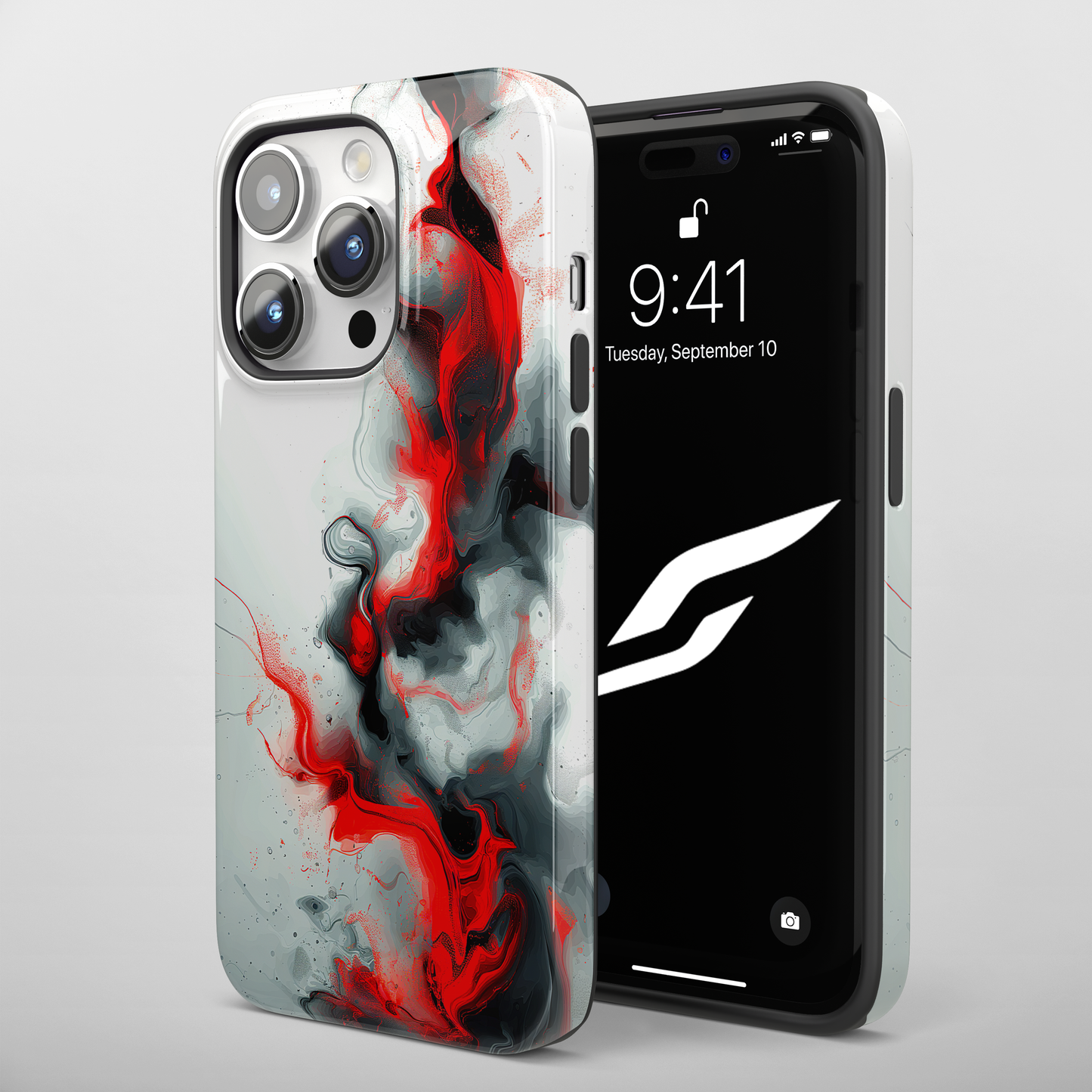 Blush Swirl (iPhone Case 11-15)Elevate your iPhone's protection and style with RimaGallery's Elegant swirls of red and smoke blend across On case, featuring dual-layer defense and a sleek, glossy RimaGallery