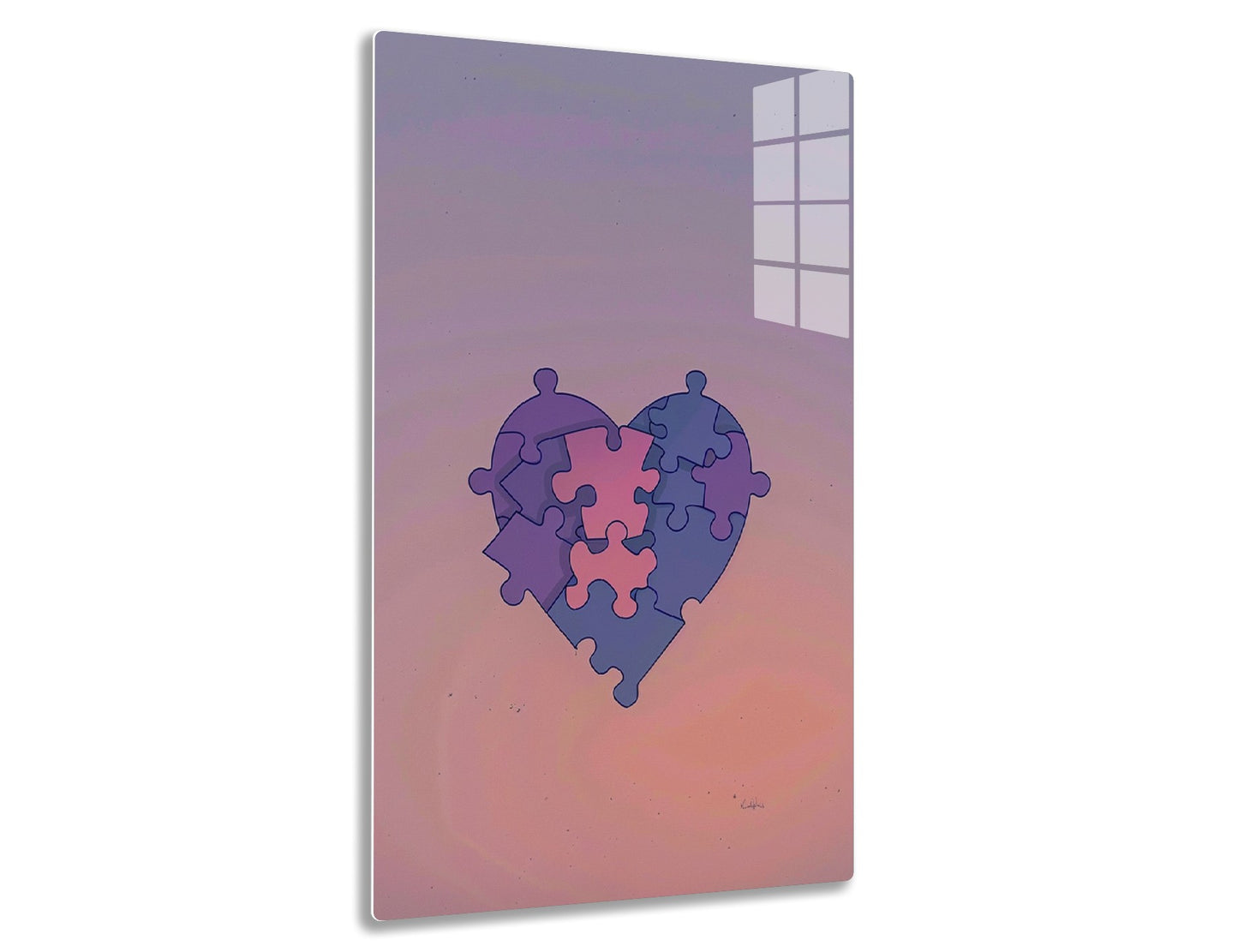 A heart-shaped design composed of interconnecting puzzle pieces in shades of purple and blue against a fading purple background.
