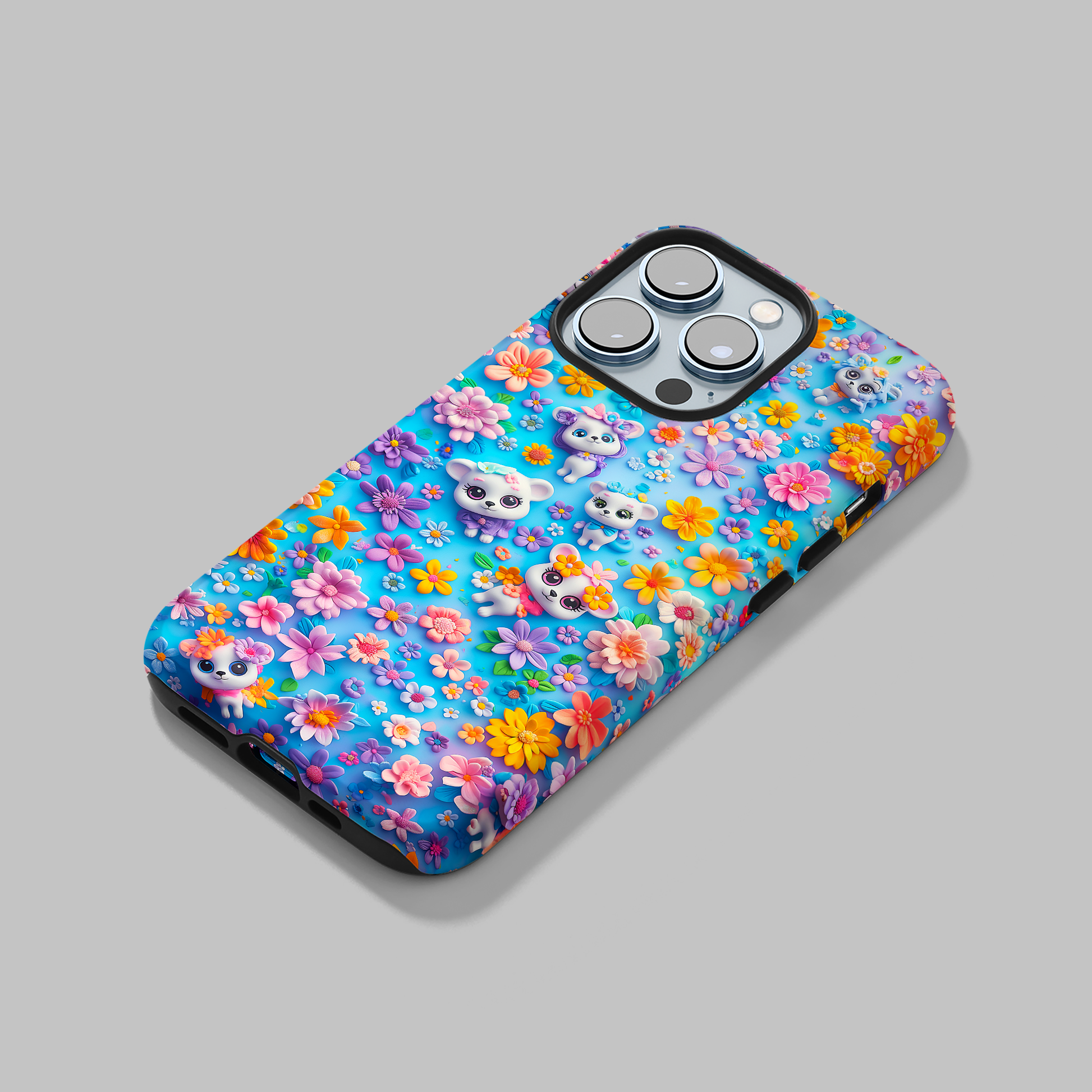 Elevate your iPhone's protection and style with RimaGallery's Vibrant floral and kitten-themed phone case, featuring dual-layer defense and a sleek, glossy finish. F-Floral Kittens (iPhone Case 11-15)