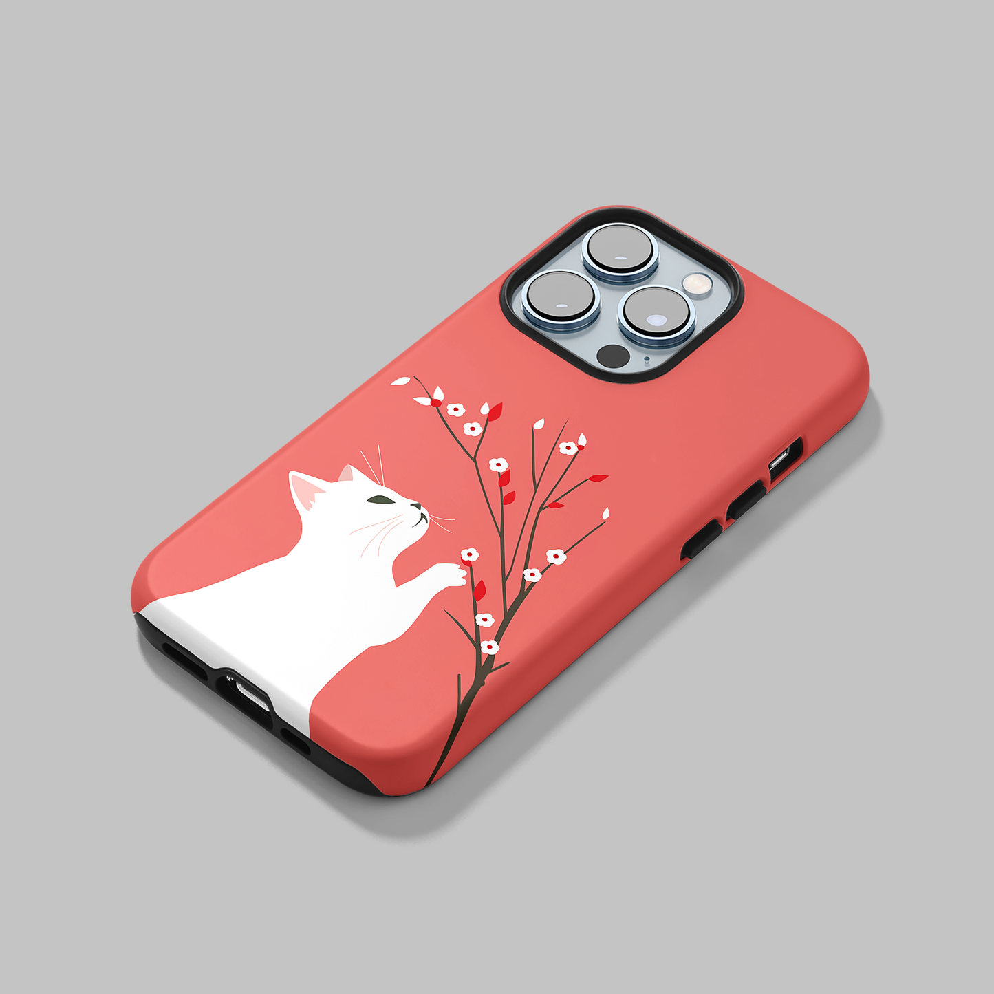Floral Feline (iPhone MagSafe Case)Elevate your iPhone's protection and style with RimaGallery's Playful cat interacting with delicate flowers on a coral on iphone MagSafe Case against a dark backdropRimaGallery