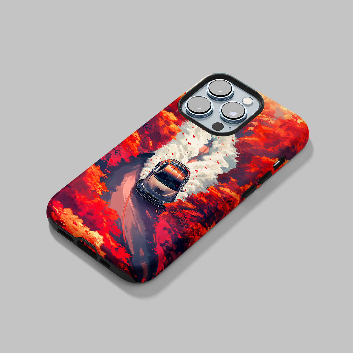 Autumn Drive (iPhone MagSafe Case)Elevate your iPhone's protection and style with RimaGallery's A car journey through a fiery autumnal forest on iphone MagSafe Case against a dark backdrop. Enjoy duaRimaGallery