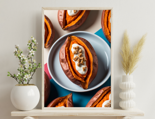 Roasted sweet potatoes stuffed with yogurt and walnuts on a plate, showcasing a delicious and nutritious snack or side dish.

