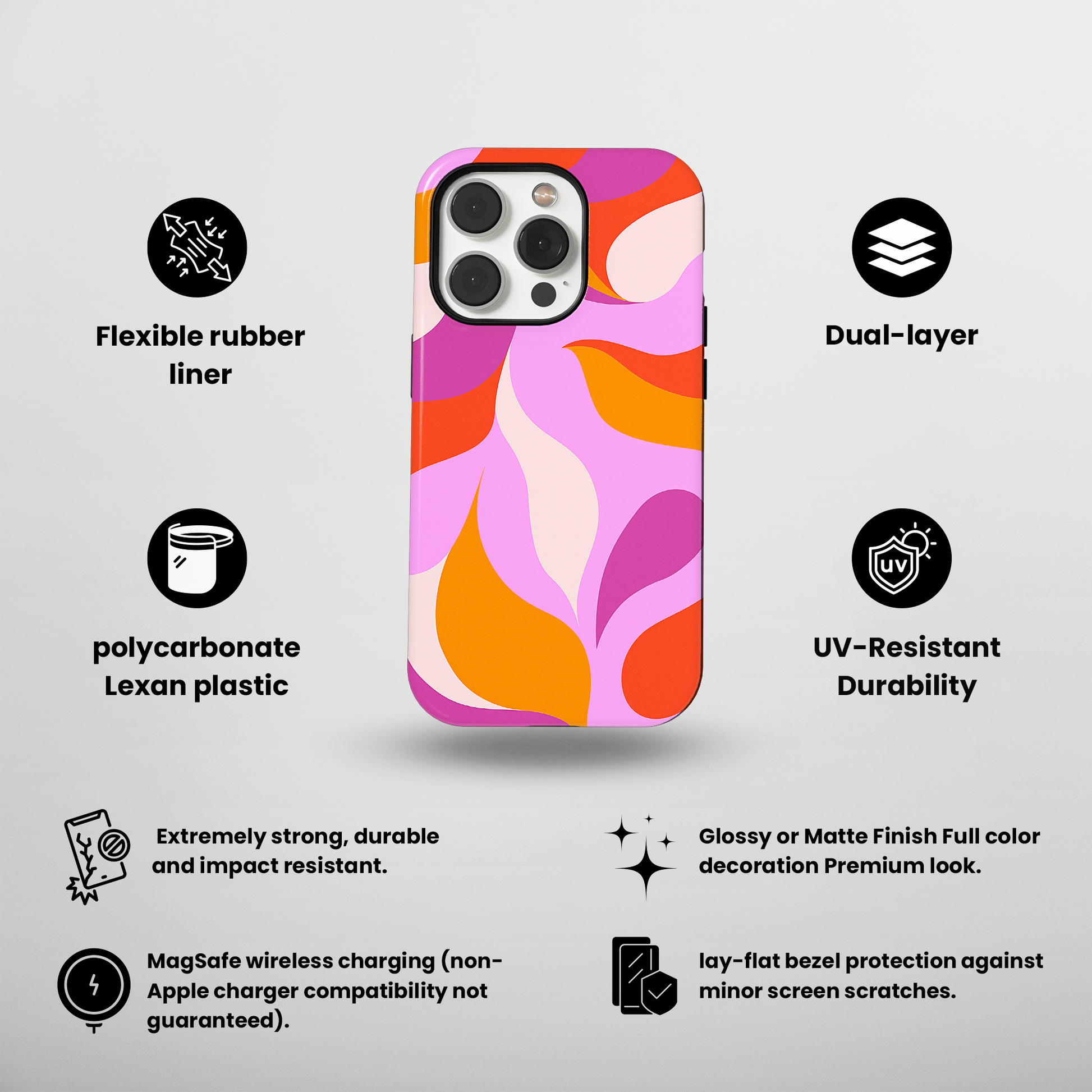 Peachy Swirls (iPhone MagSafe Case)Elevate your iPhone's protection and style with RimaGallery's Peachy Swirls design in sunset shades on a MagSafe Case against a dark backdrop. Enjoy dual-layer defenRimaGallery