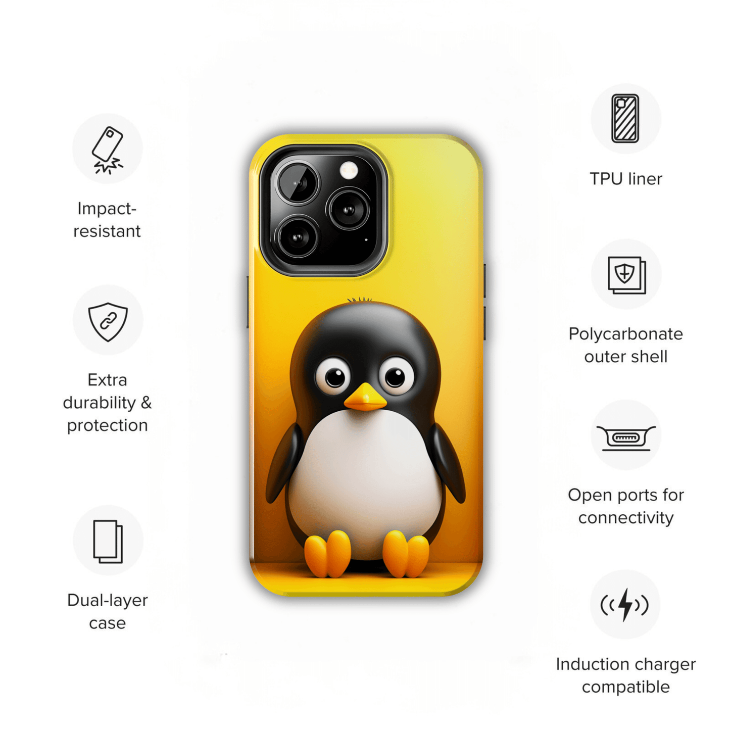 Cute penguin (iPhone Case 11-15)RIMA Tough Phone Case for iPhone 11, 12, 13, 14, &amp; 15 A cute cartoon penguin with Glossy Finish 📱✨
 
Ultimate Protection in Stylish Design 🌟:  
 
Welcome to RIRimaGallery