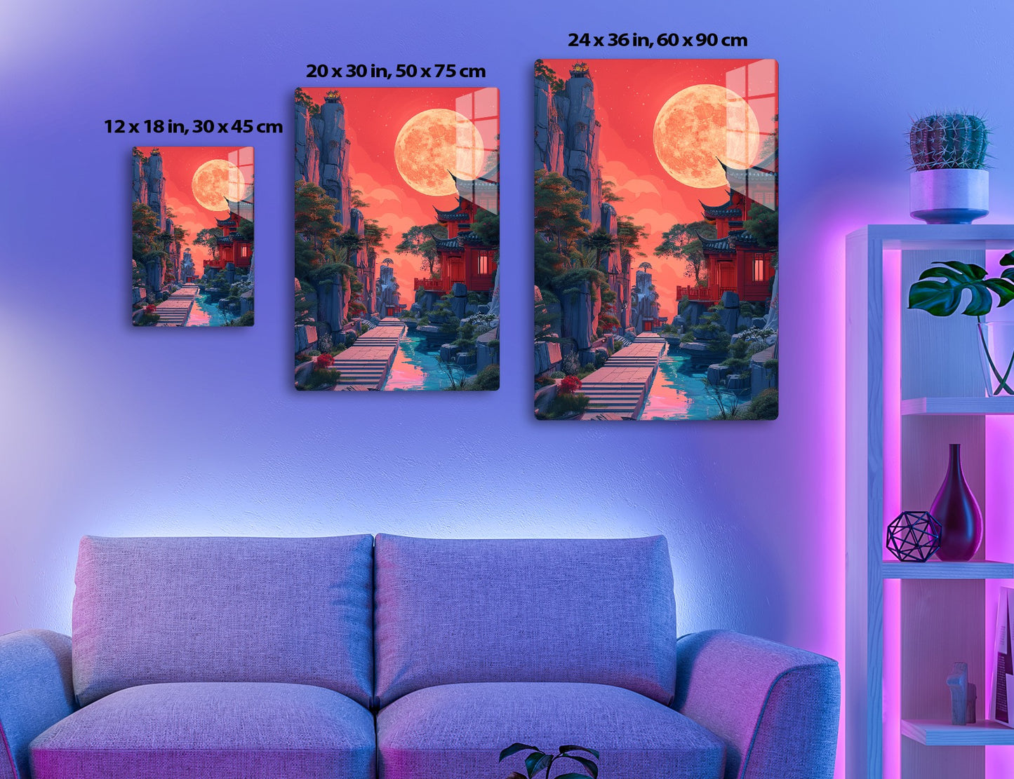 A surreal Asian landscape featuring towering rocky cliffs, pagoda-style buildings, and a massive orange moon in a reddish sky, with a winding path leading through lush greenery and a tranquil pond reflecting the moon
