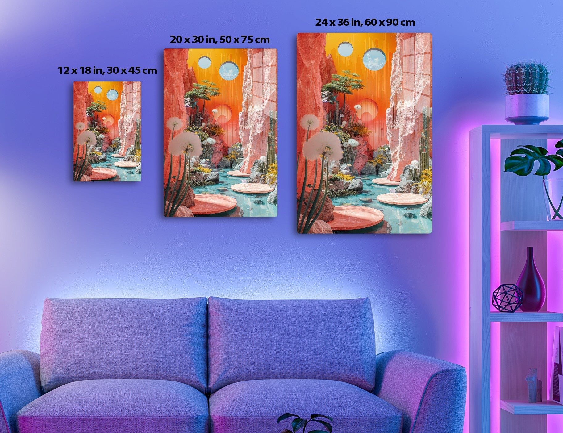 A surreal landscape with towering red rock formations, a stream with round stepping stones, dandelion-like plants, a vibrant orange sky with two spheres, and a tree with intricate patterns on its trunk.
