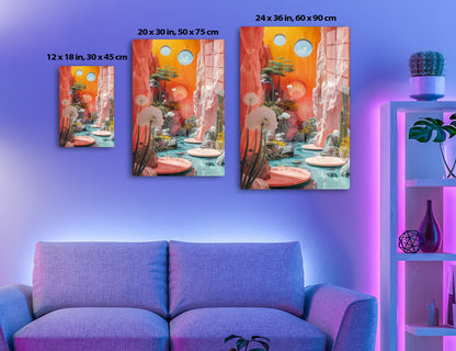 A surreal landscape with towering red rock formations, a stream with round stepping stones, dandelion-like plants, a vibrant orange sky with two spheres, and a tree with intricate patterns on its trunk.
