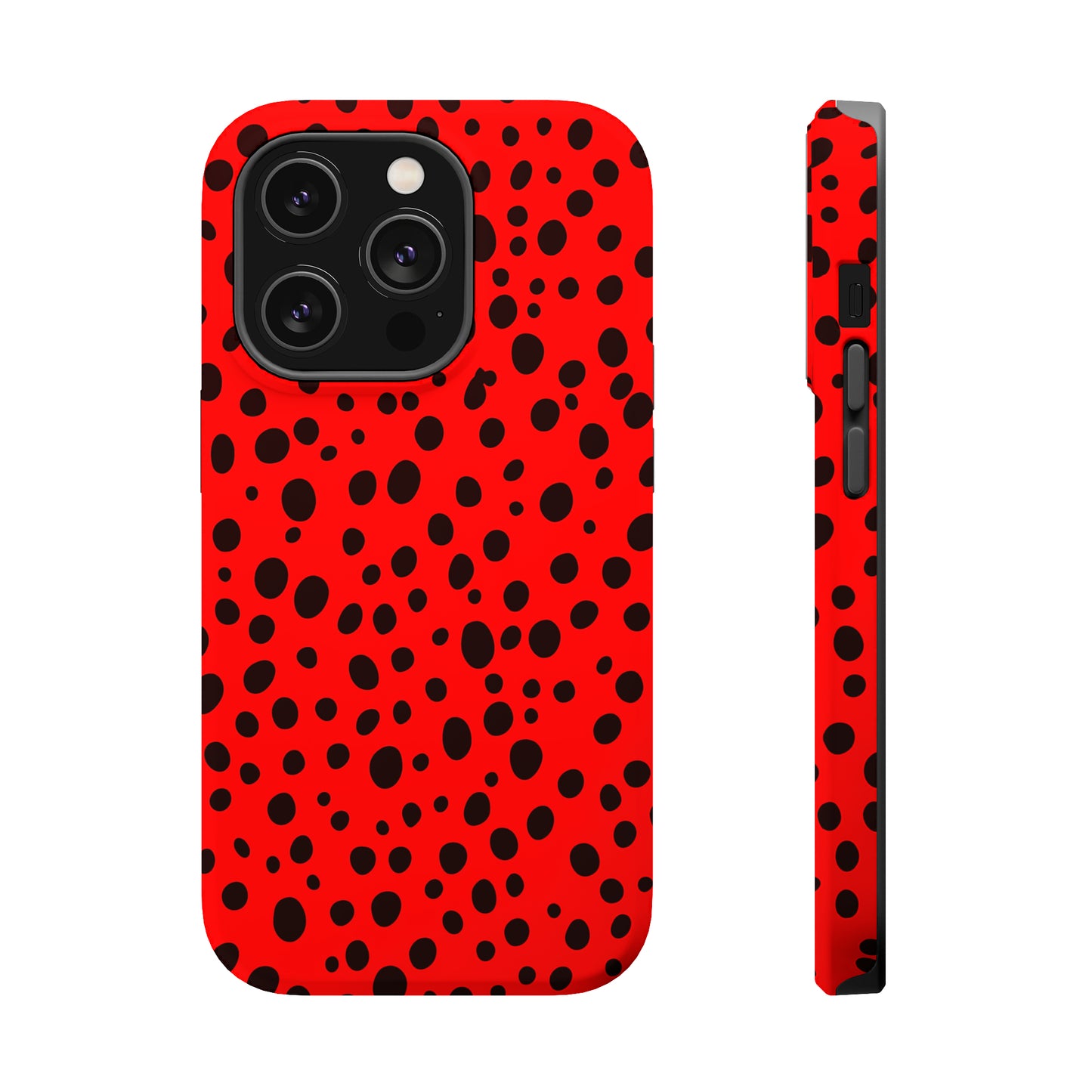 Dotted Delight - Red (iPhone MagSafe Case)Elevate your iPhone's style with the Red backdrop with varied black dots MagSafe Case, offering robust protection, MagSafe compatibility, and a choice of matte or glRimaGallery