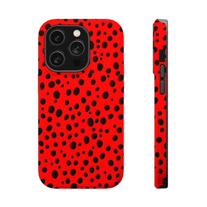 Dotted Delight - Red (iPhone MagSafe Case)Elevate your iPhone's style with the Red backdrop with varied black dots MagSafe Case, offering robust protection, MagSafe compatibility, and a choice of matte or glRimaGallery
