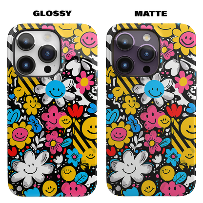Cheerful Smiley Faces (iPhone MagSafe Case)Elevate your iPhone's protection and style with RimaGallery's A playful phone case with a cheerful mix of smiley faces and colorful flowers on iphone MagSafe Case agRimaGallery