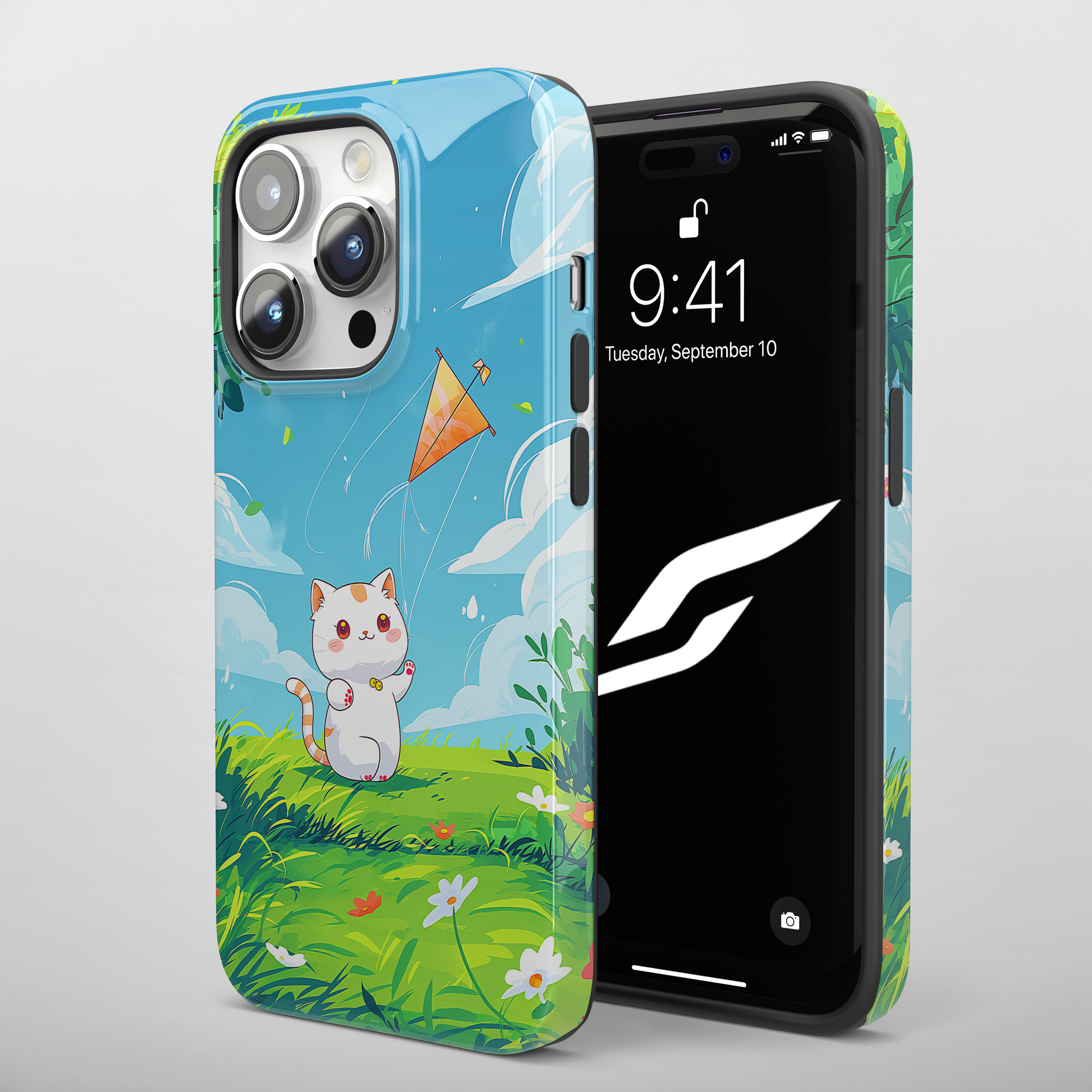 Kite Kitty (iPhone MagSafe Case)Elevate your iPhone's protection and style with RimaGallery's A charming illustration of a kitten flying a kite on a sunny daye on iphone MagSafe Case against a darkRimaGallery