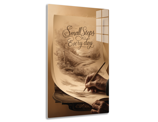 A sepia-toned image depicting a motivational quote "Small Steps Every day" handwritten over a scenic path winding through a hilly landscape, with a hand holding a pen as if writing on the image itself.
