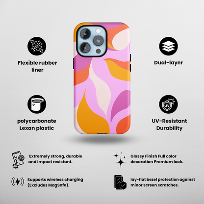 Peachy Swirls (iPhone Case 11-15)Elevate your iPhone's protection and style with RimaGallery's Peachy Swirls design in sunset shades On case, featuring dual-layer defense and a sleek, glossy finish.RimaGallery