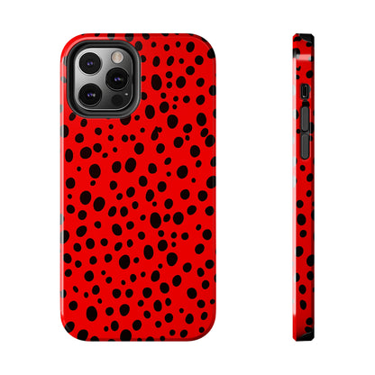 Dotted Delight - Red (iPhone Case 11-15)Elevate your iPhone's style with Rima's Red backdrop with varied black dots case. Sleek, durable protection for models 11-15. Free US shipping.RimaGallery