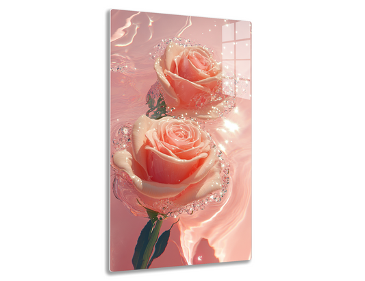 Two lush pink roses adorned with sparkling dewdrops, set against a soft pink background, creating a dreamy and ethereal floral scene.
