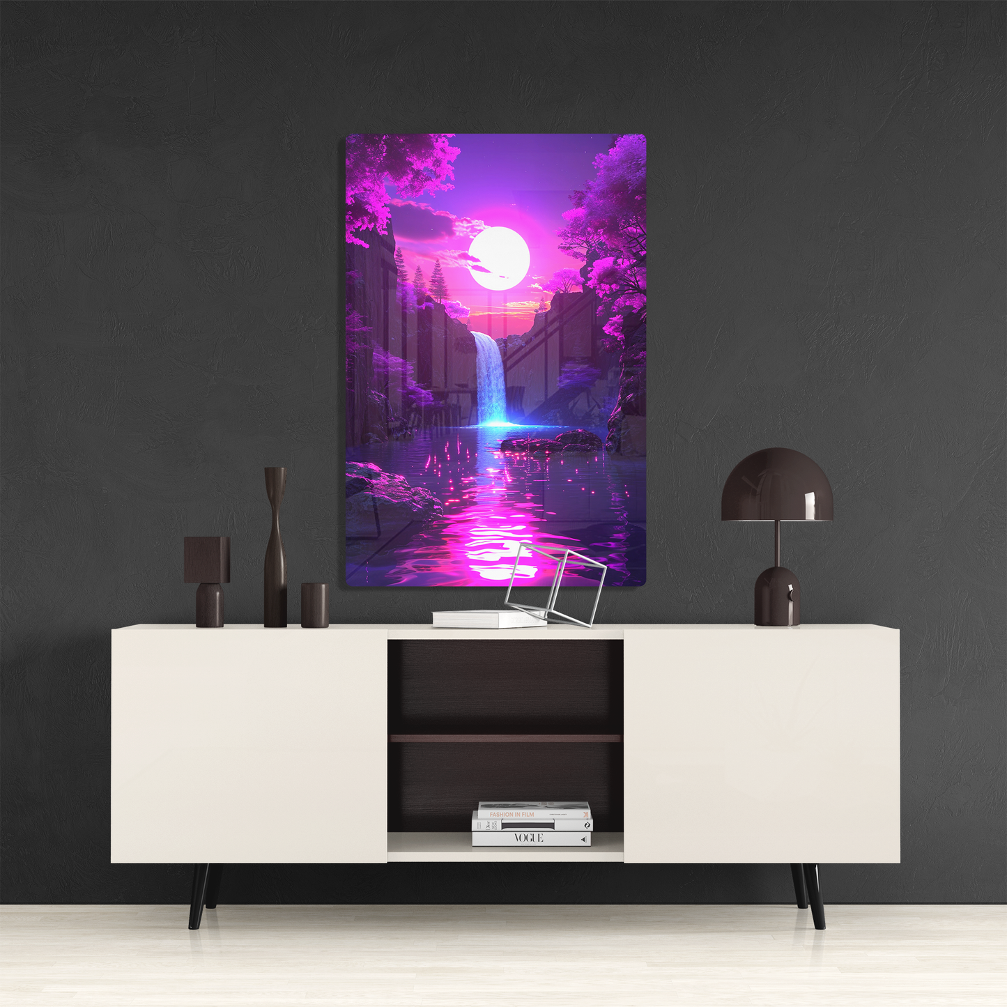 Moonlit Cascade (Acrylic)Make a statement with Moonlit Cascade acrylic prints. The 1⁄4" acrylic panel exudes the illusion of a smooth glass surface for vibrant artwork. Pre-installed hangingRimaGallery