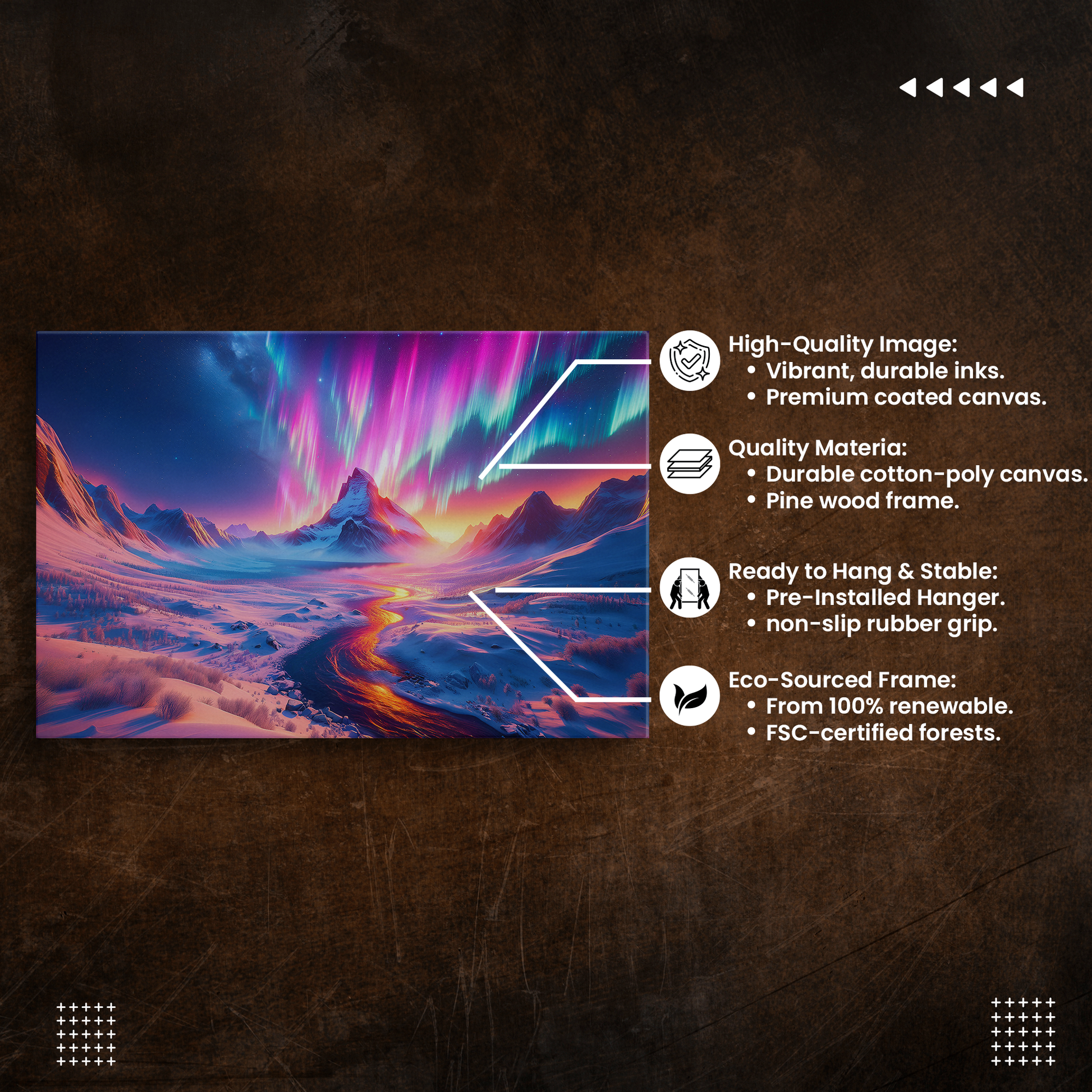 Auroral Mountain Majesty (Canvas)Auroral Mountain Majesty (Canvas  Matte finish, stretched, with a depth of 1.25 inches)
Struggling with low-quality canvases? Switch to RimaGallery! Our canvases areRimaGallery