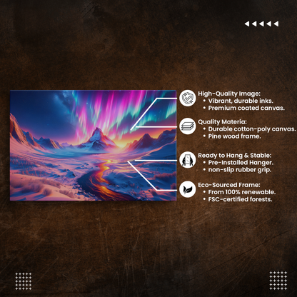 Auroral Mountain Majesty (Canvas)Auroral Mountain Majesty (Canvas  Matte finish, stretched, with a depth of 1.25 inches)
Struggling with low-quality canvases? Switch to RimaGallery! Our canvases areRimaGallery