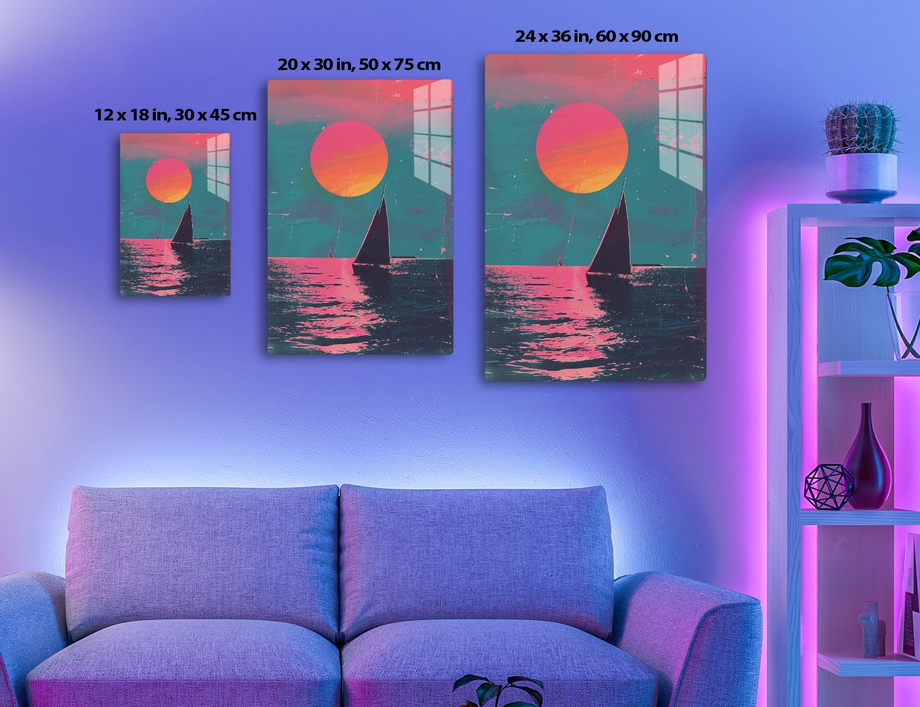 A sailboat silhouette on pink and teal waters with a large orange sun or moon in a textured, abstract style.
