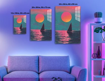 A sailboat silhouette on pink and teal waters with a large orange sun or moon in a textured, abstract style.
