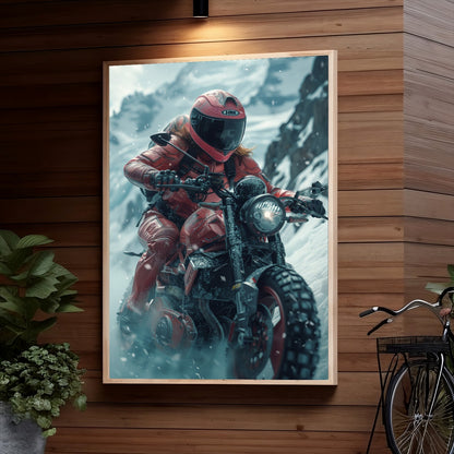 A rider in a red and black suit and helmet rides a motorcycle through snowy conditions, surrounded by a wintery landscape.
