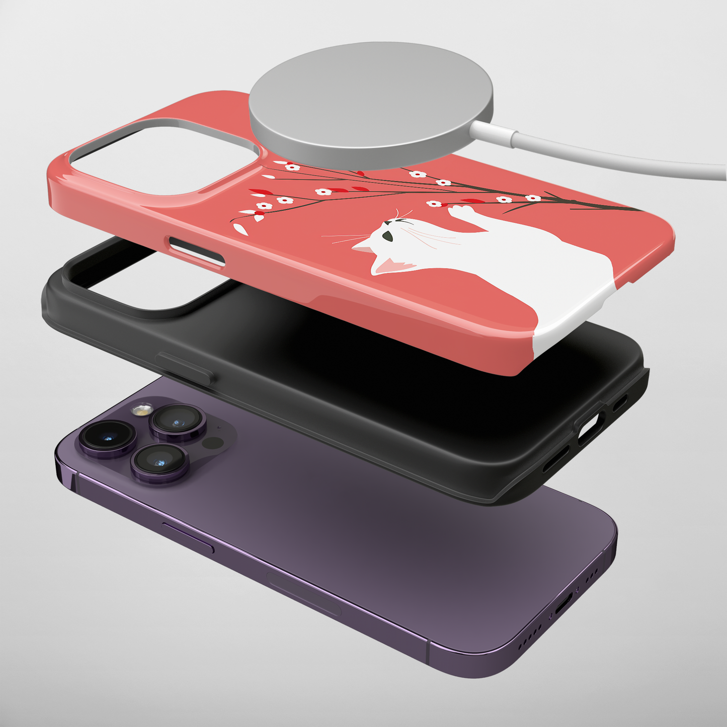 Floral Feline (iPhone MagSafe Case)Elevate your iPhone's protection and style with RimaGallery's Playful cat interacting with delicate flowers on a coral on iphone MagSafe Case against a dark backdropRimaGallery