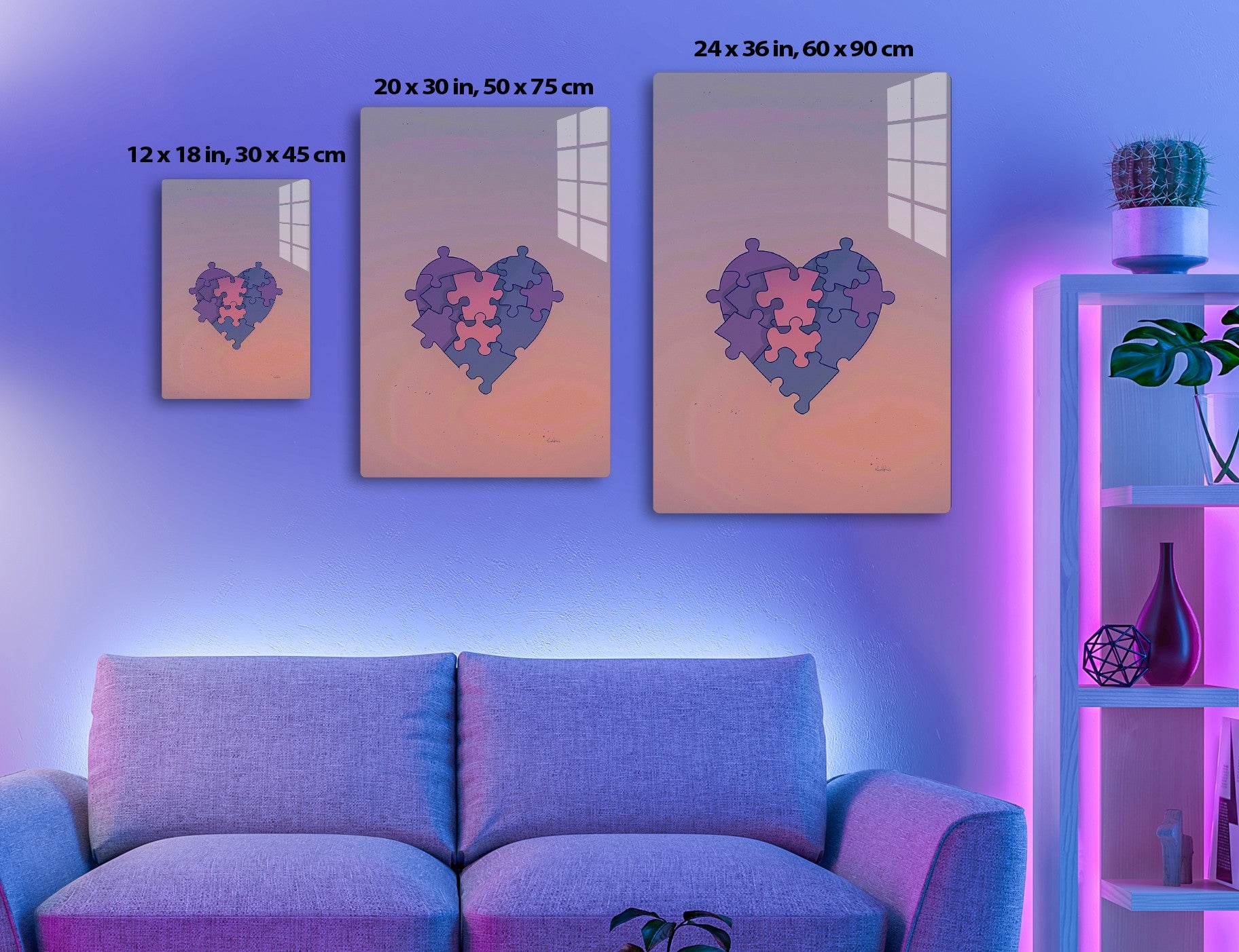 A heart-shaped design composed of interconnecting puzzle pieces in shades of purple and blue against a fading purple background.

