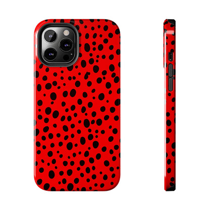 Dotted Delight - Red (iPhone Case 11-15)Elevate your iPhone's style with Rima's Red backdrop with varied black dots case. Sleek, durable protection for models 11-15. Free US shipping.RimaGallery