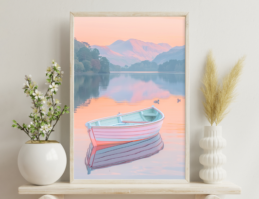 A serene lake at dawn or dusk reflects the surrounding mountains and trees, with a small wooden rowboat in the foreground mirrored in the still waters, creating a tranquil and picturesque scene.
