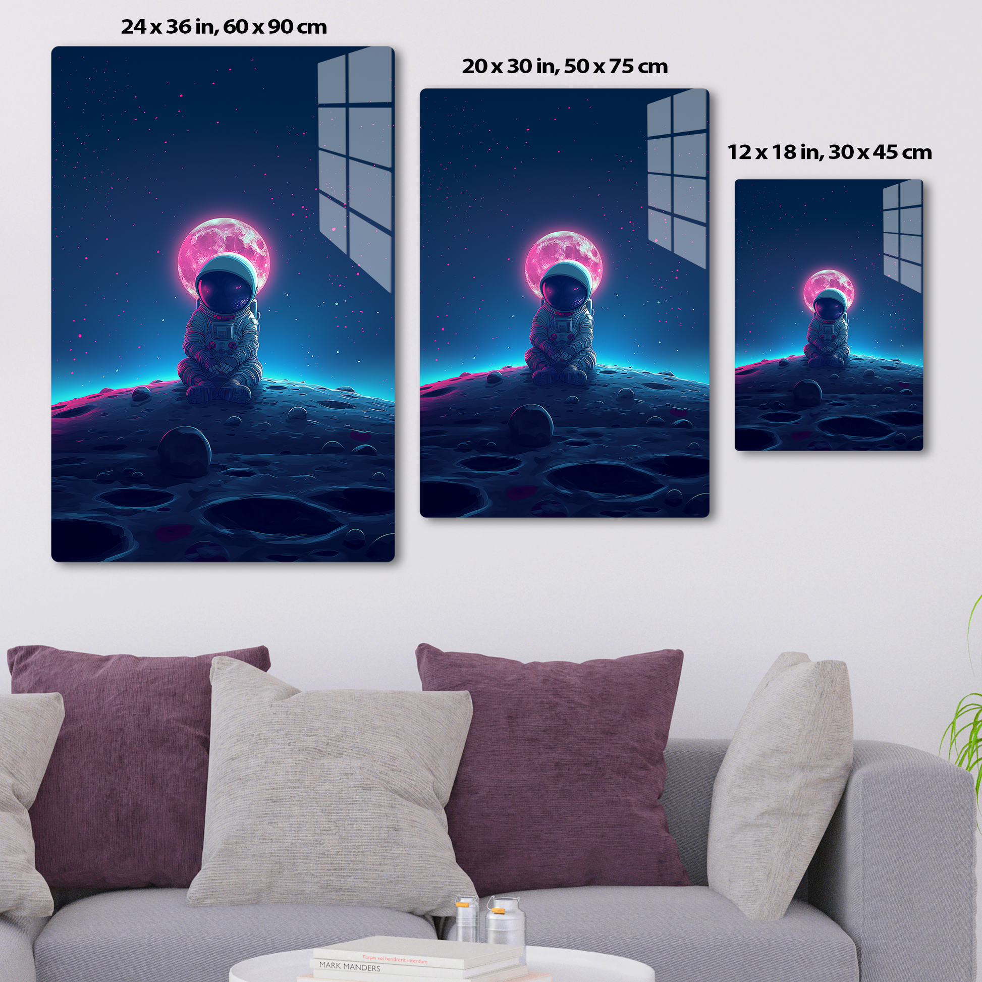 Cosmic Contemplation (Acrylic)Step into the universe with an astronaut in deep thought on the lunar surface under a glowing moon. Acrylic art from RimaGallery. Experience the cosmos in your home RimaGallery
