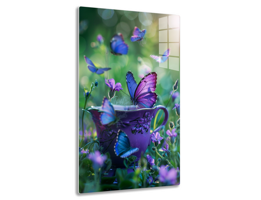A whimsical image of vibrant blue and purple butterflies fluttering around a purple teacup surrounded by purple wildflowers in a dreamy, bokeh-filled meadow.

