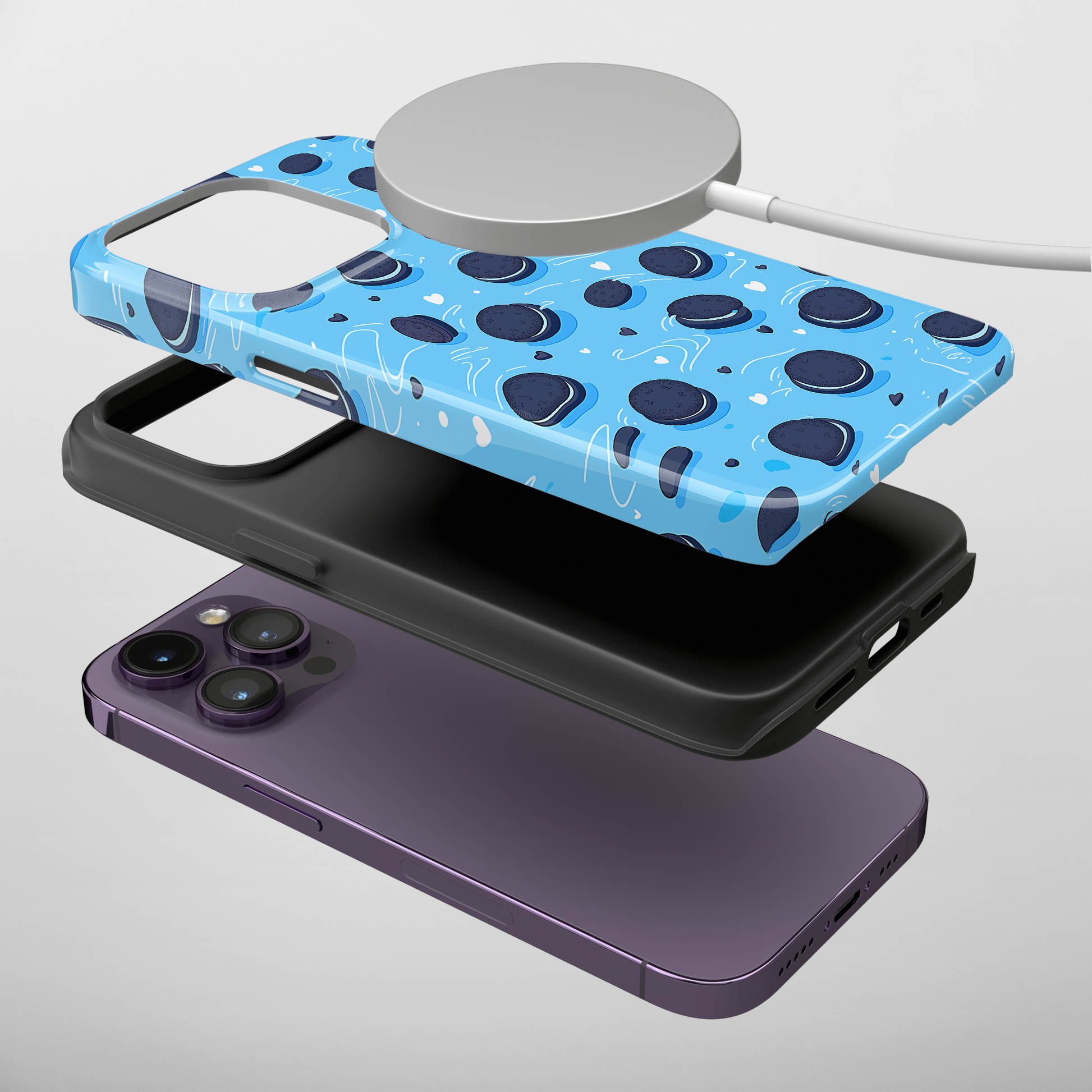 Sweet Whirls (iPhone MagSafe Case)Elevate your iPhone's protection and style with RimaGallery's Cookie pattern with heart accents on a blue iphone MagSafe Case against a dark backdrop. Enjoy dual-layRimaGallery