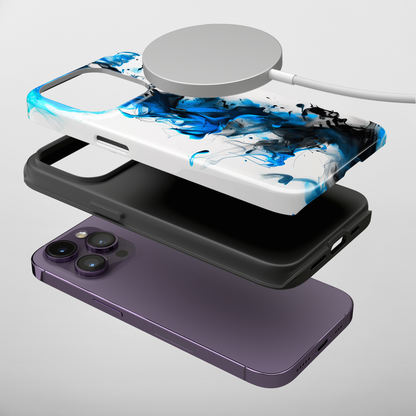 Blue Whisper (iPhone MagSafe Case)Elevate your iPhone's protection and style with RimaGallery's Blue and black ink abstract design on a white MagSafe Case. Enjoy dual-layer defense, vibrant design chRimaGallery