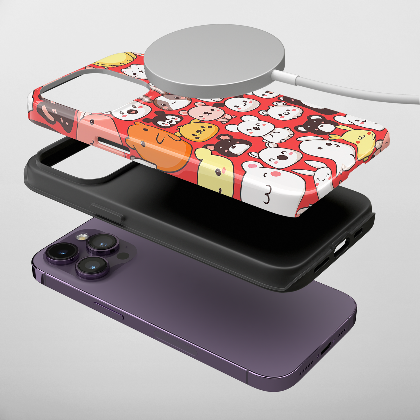 Critter Conga (iPhone MagSafe Case)Elevate your iPhone's protection and style with RimaGallery's Cute assorted animals in a fun pattern on iphone MagSafe Case against a dark backdrop. Enjoy dual-layerRimaGallery