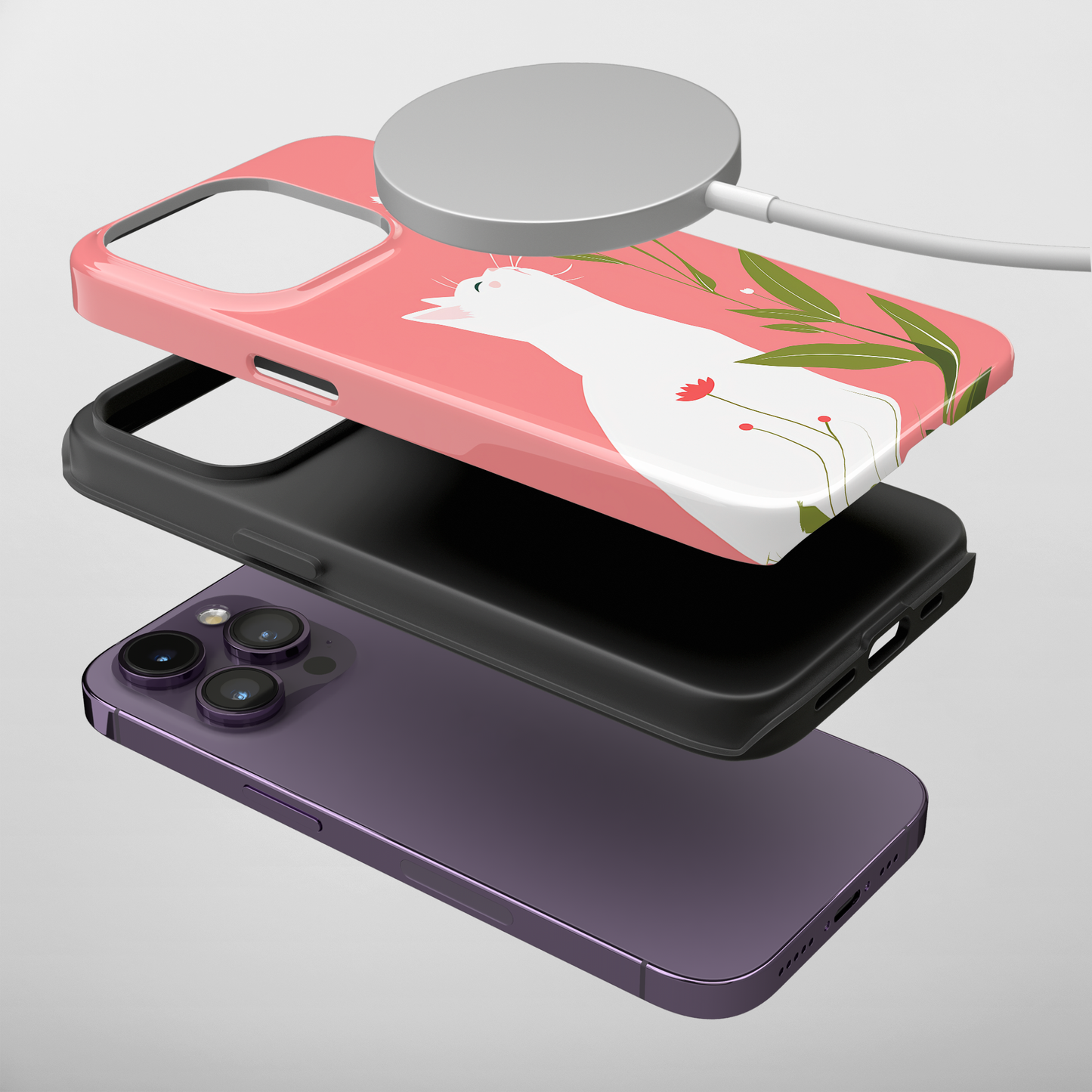 Blossom Gazer (iPhone MagSafe Case)Elevate your iPhone's protection and style with RimaGallery's A serene white cat admiring spring blossoms on a pastel pink on iphone MagSafe Case against a dark backRimaGallery