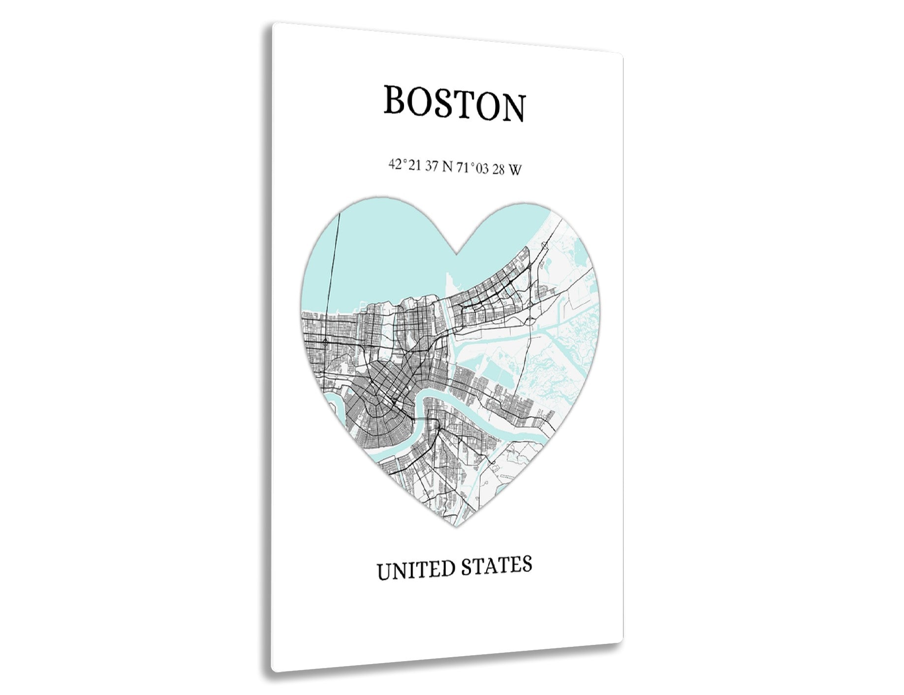 Map of Boston in the shape of a heart, showing city streets with coordinates 42°21'37"N 71°03'28"W underneath the text "Boston" and "United States".
