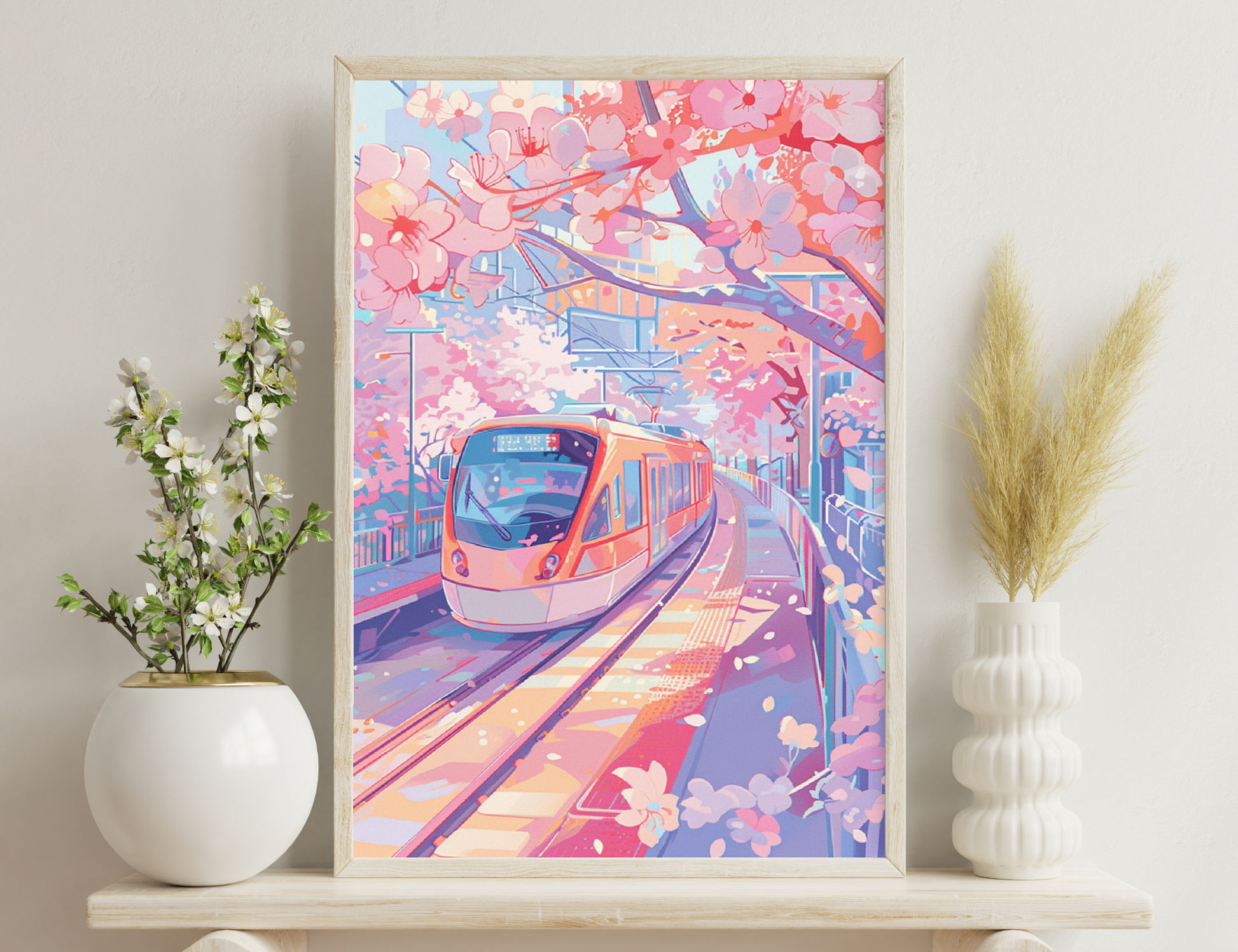 Train on elevated tracks amid cherry blossom trees in full bloom, creating a vibrant and picturesque scene of urban transportation surrounded by the beauty of nature.
