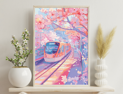 Train on elevated tracks amid cherry blossom trees in full bloom, creating a vibrant and picturesque scene of urban transportation surrounded by the beauty of nature.
