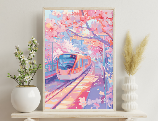 Train on elevated tracks amid cherry blossom trees in full bloom, creating a vibrant and picturesque scene of urban transportation surrounded by the beauty of nature.

