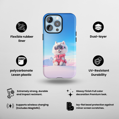 Pink Pup Skier (iPhone Case 11-15)RIMA Tough Phone Case for iPhone 11-15: Where Style Meets Durability. Featuring a sleek design with MagSafe compatibility, this case offers unmatched protection and RimaGallery