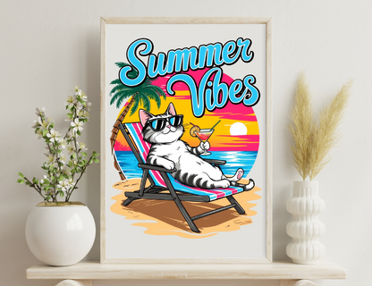 A cat wearing sunglasses relaxing on a beach chair with a cocktail in paw, against a colorful beach sunset backdrop with palm trees and the text "Summer Vibes".
