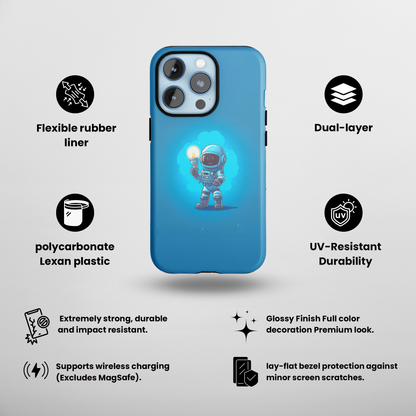 Astronaut Glow (iPhone Case 11-15)RIMA Tough Phone Case for iPhone 11, 12, 13, 14, &amp; 15 astronaut holding a light bulb with Glossy Finish 📱✨
 
Ultimate Protection in Stylish Design 🌟:  
 
WelcoRimaGallery