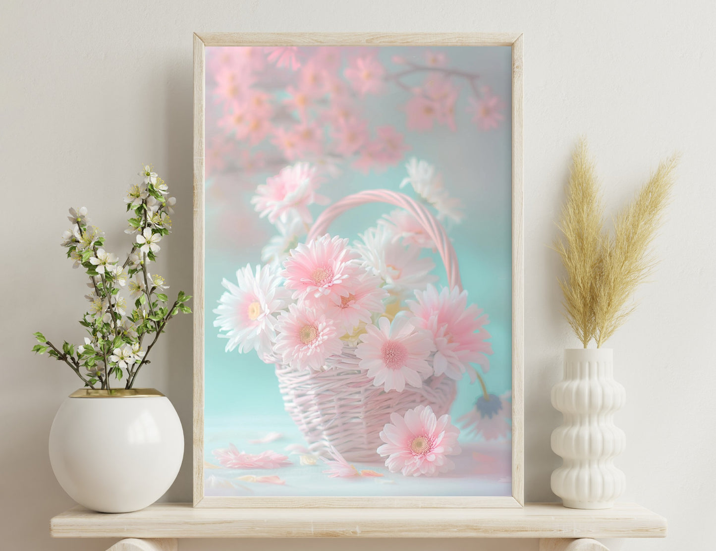 A woven basket filled with delicate pink and white daisy-like flowers against a dreamy, pastel colored background.
