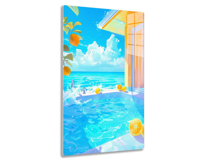 A refreshing pool with splashing water and floating oranges overlooks a stunning ocean view through an open doorway, with lush greenery and vibrant blue skies streaked with fluffy white clouds.
